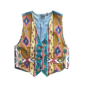Vintage Nuovo County‎ Seat Denim Vest Aztec Design Unisex M Multicolor